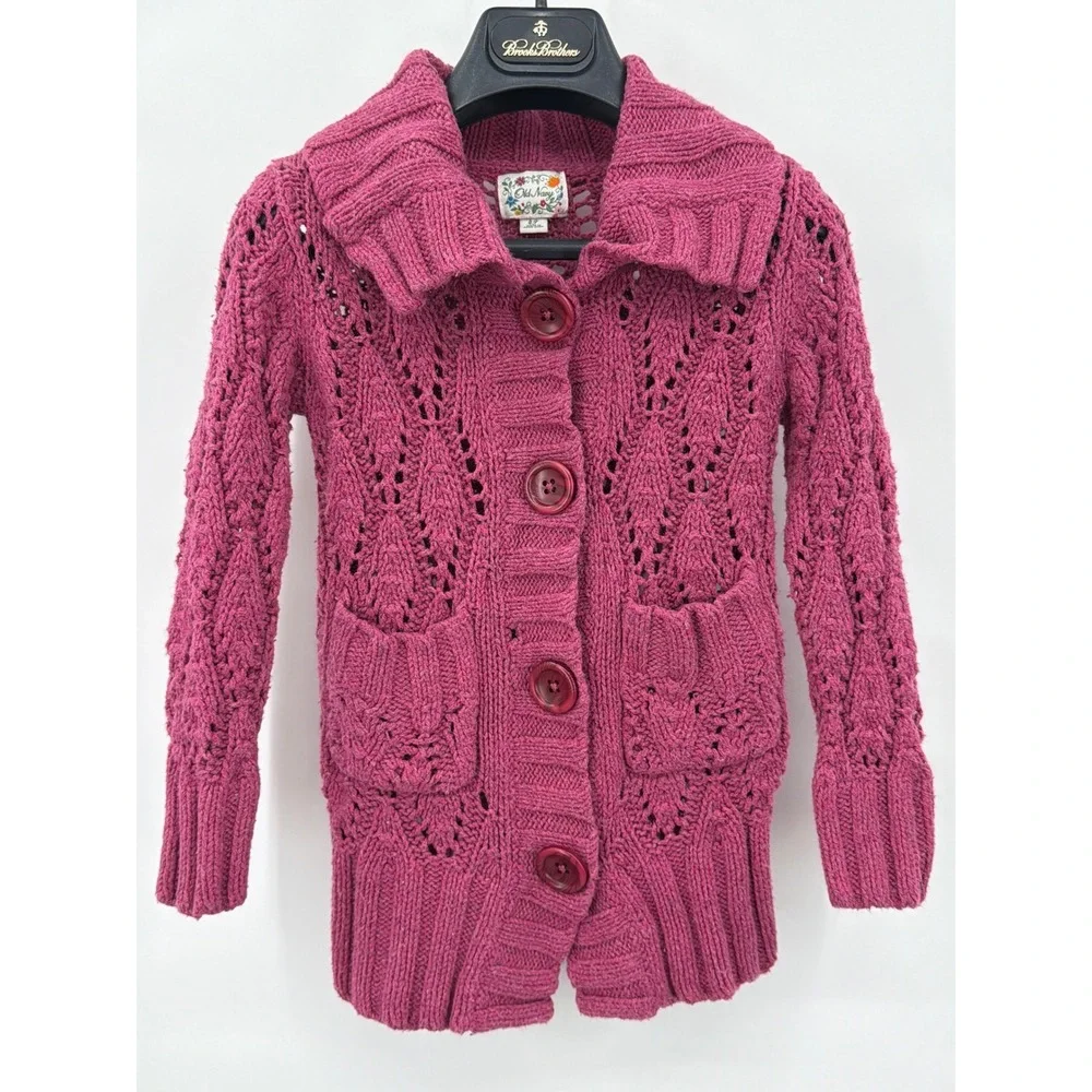 Vintage Old Navy Girls‎ Raspberry Pink Chunky Pointelle Knit Cardigan Sweater 4T